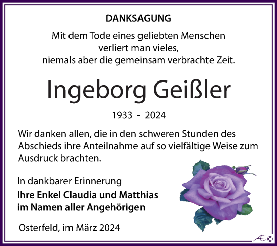 Traueranzeige von Ingeborg Geißler von Trauerkombi Zeitz