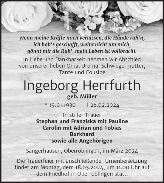 Traueranzeige von Ingeborg Herrfurth von Trauerkombi Sangerhausen