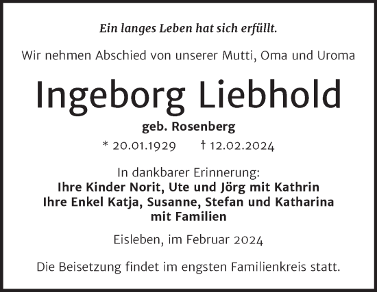 Traueranzeige von Ingeborg Liebhold von Super Sonntag Mansfelder Land