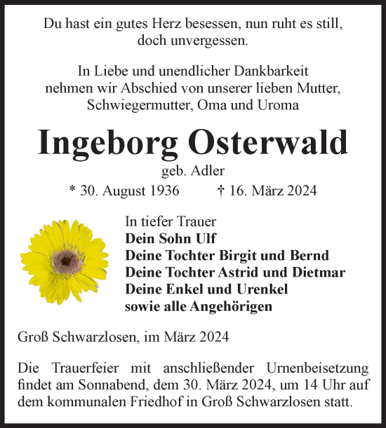 Traueranzeige von Ingeborg Osterwald von Volksstimme Altmark Ost