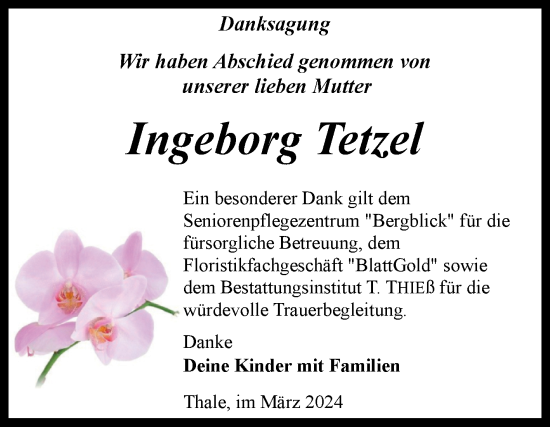 Traueranzeige von Ingeborg Tetzel von Trauerkombi Quedlinburg