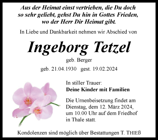 Traueranzeige von Ingeborg Tetzel von Trauerkombi Quedlinburg
