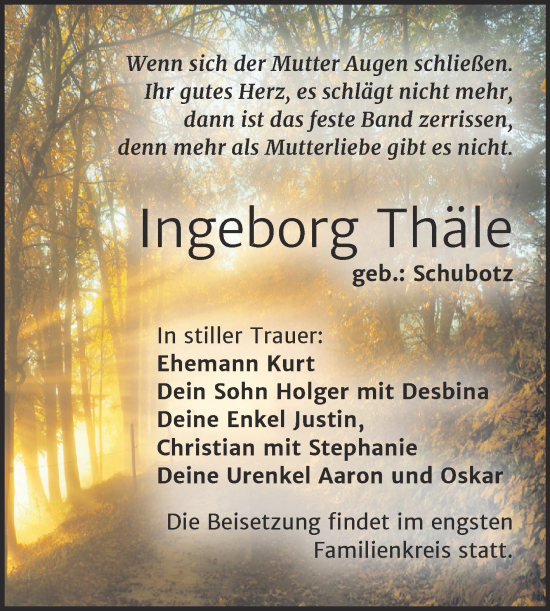 Traueranzeige von Ingeborg Thäle von Trauerkombi Wittenberg