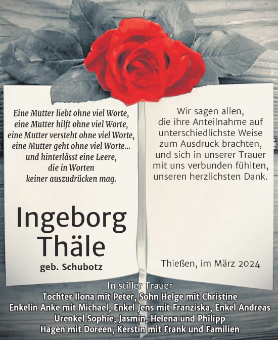 Traueranzeige von Ingeborg Thäle von Trauerkombi Wittenberg