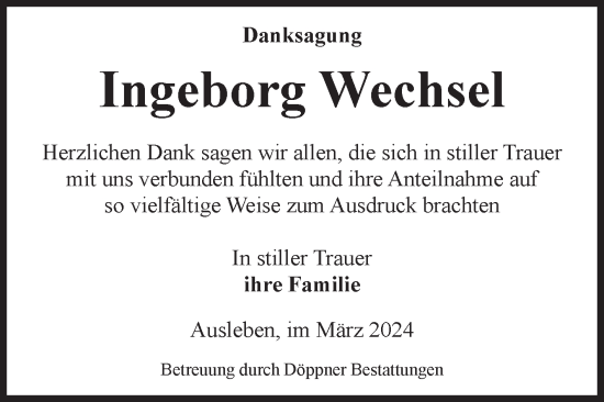Traueranzeige von Ingeborg Wechsel von Volksstimme Oschersleben/Wanzleben