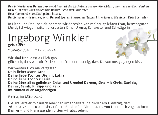 Traueranzeige von Ingeborg Winkler von Super Sonntag Naumburg/Nebra