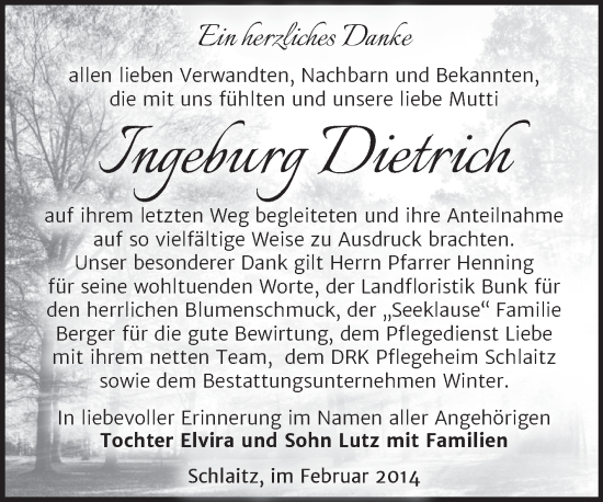 Traueranzeige von Ingeburg Dietrich von Trauerkombi Bitterfeld