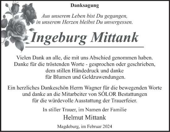 Traueranzeige von Ingeburg Mittank von Volksstimme Magdeburg