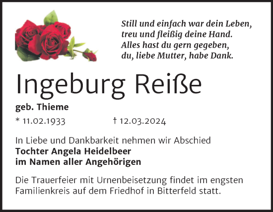 Traueranzeige von Ingeburg Reiße von Trauerkombi Bitterfeld