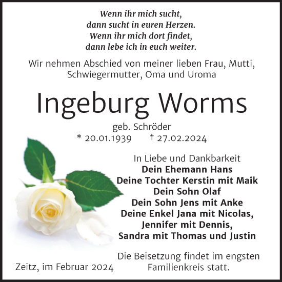 Traueranzeige von Ingeburg Worms von Trauerkombi Zeitz