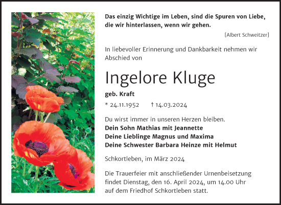 Traueranzeige von Ingelore Kluge von Trauerkombi Weißenfels