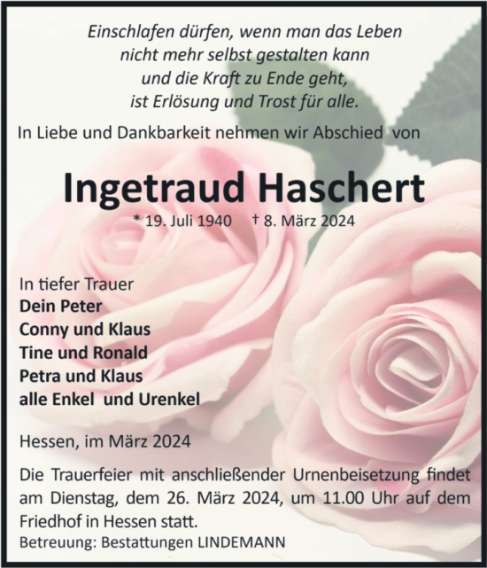 Traueranzeige von Ingetraud Haschert von Volksstimme Halberstadt