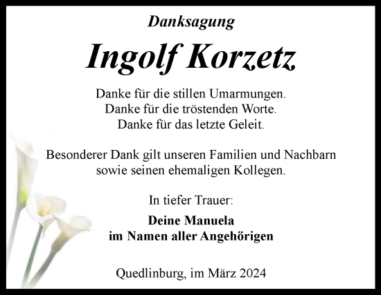 Traueranzeige von Ingolf Korzetz von Trauerkombi Quedlinburg