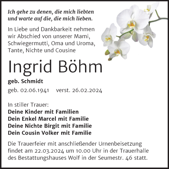 Traueranzeige von Ingrid Böhm von Trauerkombi Weißenfels