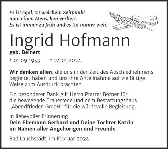 Traueranzeige von Ingrid Hofmann von Trauerkombi Merseburg