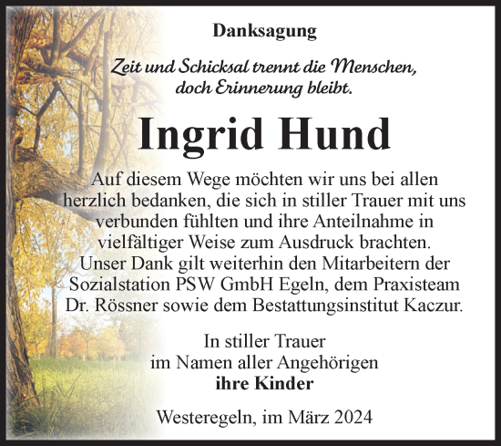 Traueranzeige von Ingrid Hund von Volksstimme Staßfurt