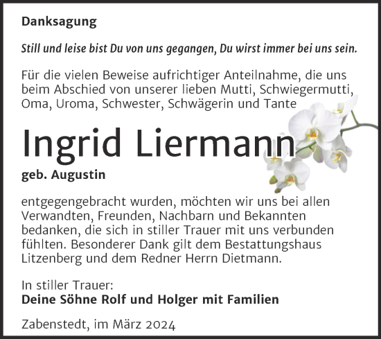 Traueranzeige von Ingrid Liermann von Trauerkombi Mansfelder Land