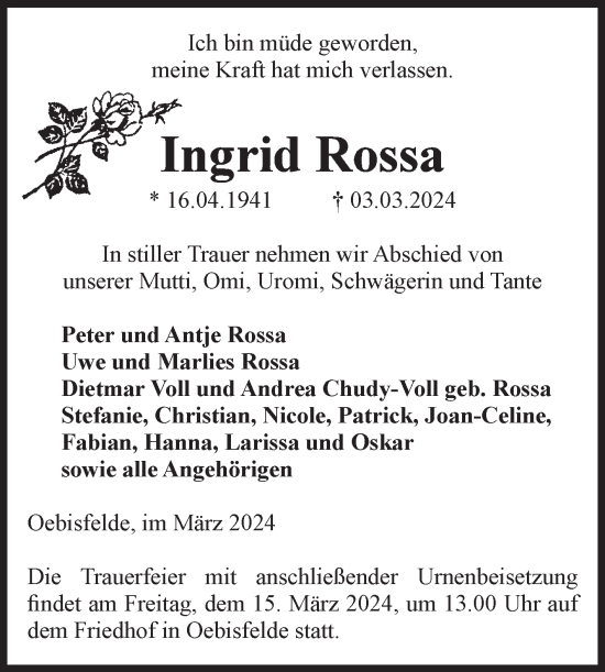 Traueranzeige von Ingrid Rossa von Volksstimme Altmark West