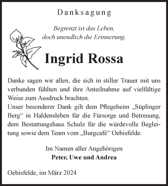 Traueranzeige von Ingrid Rossa von Volksstimme Altmark West