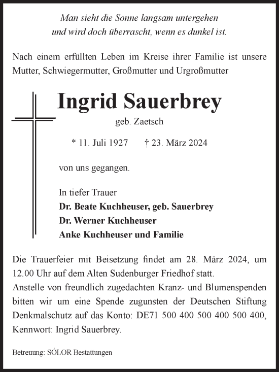 Traueranzeige von Ingrid Sauerbrey von Volksstimme Magdeburg