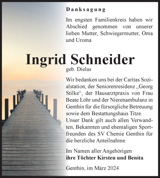 Traueranzeige von Ingrid Schneider von Volksstimme Burg/Genthin