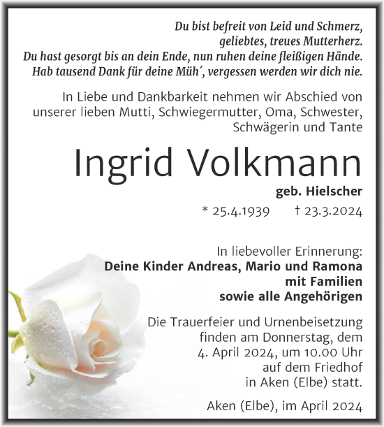 Traueranzeige von Ingrid Volkmann von Trauerkombi Köthen