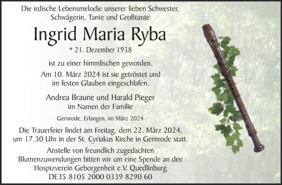 Traueranzeige von Ingrid Maria Ryba von Mitteldeutsche Zeitung Quedlingburg