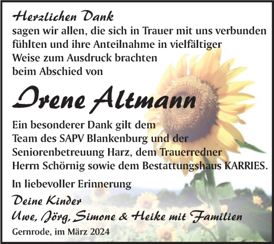 Traueranzeige von Irene Altmann von Trauerkombi Quedlinburg