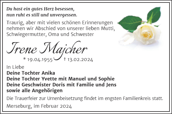 Traueranzeige von Irene Majcher von Trauerkombi Merseburg