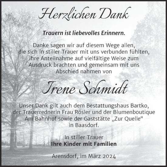 Traueranzeige von Irene Schmidt von Trauerkombi Köthen