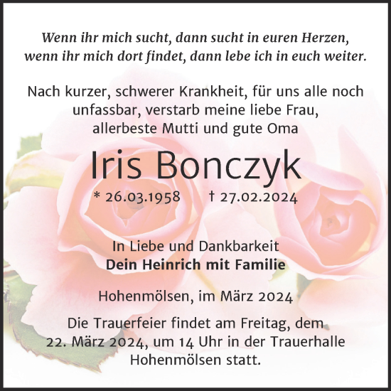 Traueranzeige von Iris Bonczyk von Trauerkombi Weißenfels