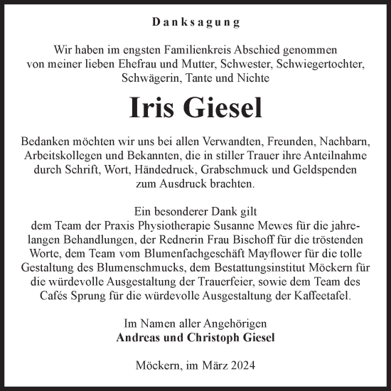 Traueranzeige von Iris Giesel von Volksstimme Burg/Genthin
