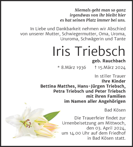 Traueranzeige von Iris Triebsch von Naumburger Tageblatt