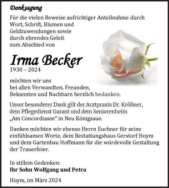 Traueranzeige von Irma Becker von Trauerkombi Aschersleben