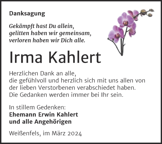 Traueranzeige von Irma Kahlert von Trauerkombi Weißenfels