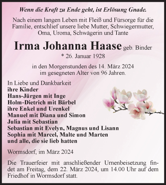 Traueranzeige von Irma Johanna Haase von Volksstimme Oschersleben/Wanzleben