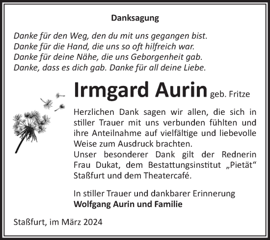 Traueranzeige von Irmgard Aurin von Volksstimme Staßfurt