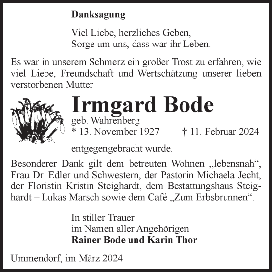 Traueranzeige von Irmgard Bode von Volksstimme Oschersleben/Wanzleben
