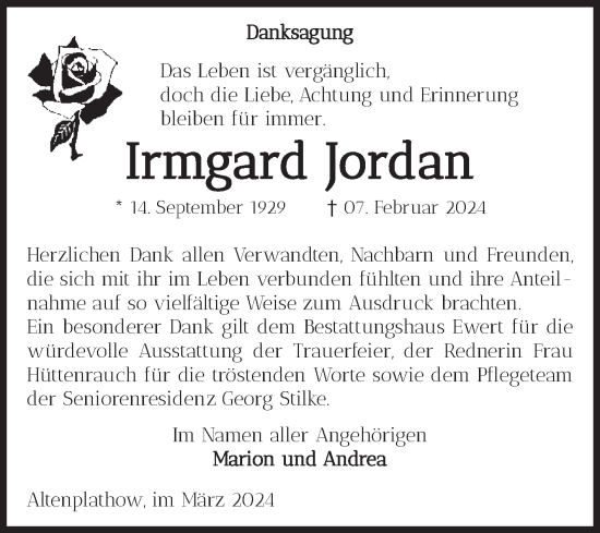 Traueranzeige von Irmgard Jordan von Volksstimme Burg/Genthin