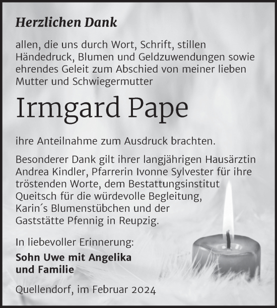 Traueranzeige von Irmgard Pape von Trauerkombi Köthen
