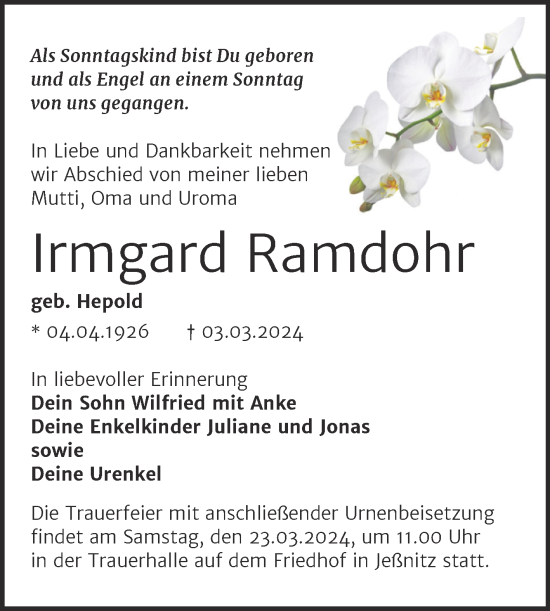 Traueranzeige von Irmgard Ramdohr von Trauerkombi Bitterfeld