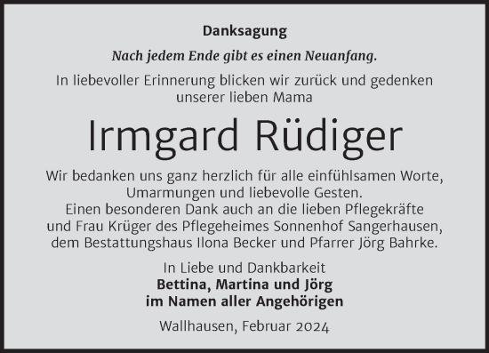 Traueranzeige von Irmgard Rüdiger von Trauerkombi Sangerhausen