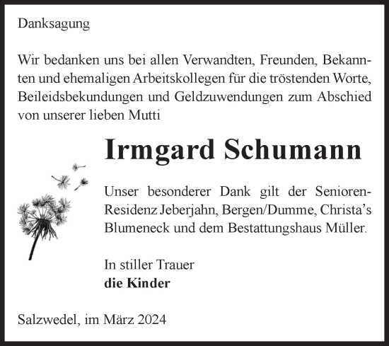 Traueranzeige von Irmgard Schumann von Volksstimme Altmark West