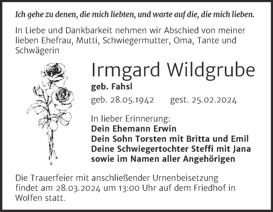 Traueranzeige von Irmgard Wildgrube von Trauerkombi Bitterfeld