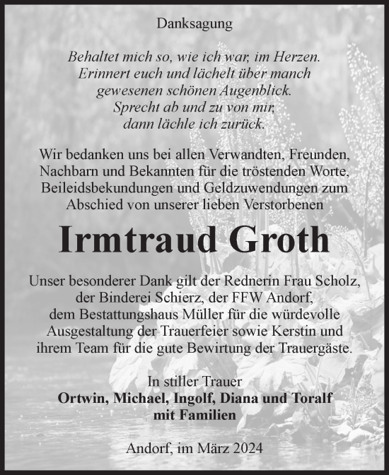 Traueranzeige von Irmtraud Groth von Volksstimme Altmark West