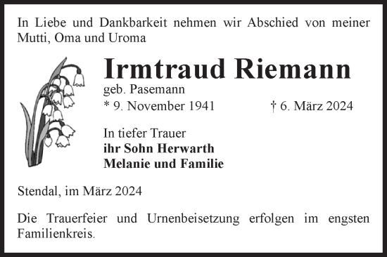 Traueranzeige von Irmtraud Riemann von Volksstimme Altmark Ost