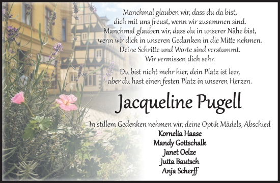 Traueranzeige von Jacqueline Pugell von Volksstimme Haldensleben/Wolmirstedt