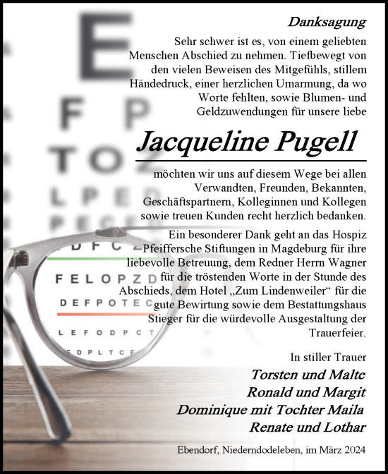 Traueranzeige von Jacqueline Pugell von Volksstimme Magdeburg