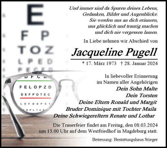 Traueranzeige von Jacqueline Pugell von Volksstimme Magdeburg