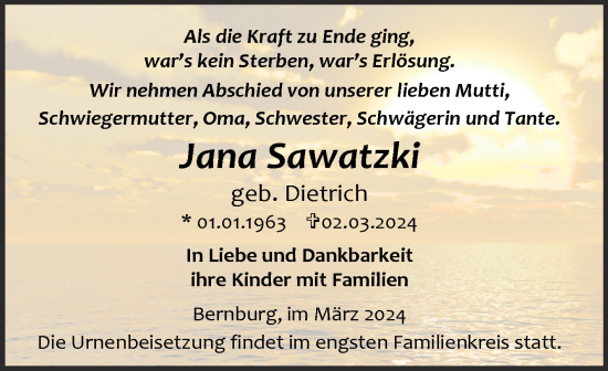 Traueranzeige von Jana Sawatzki von Trauerkombi Bernburg